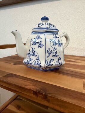 Blue and White Hand Painted Floral Ceramic Teapot